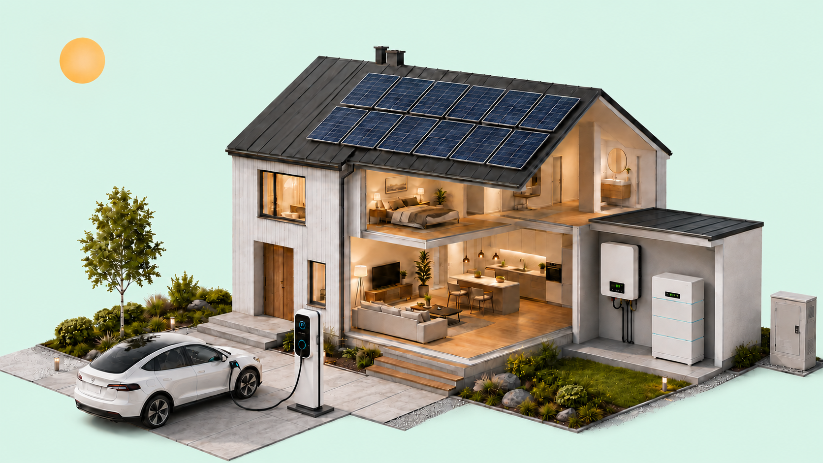 Villa med solceller på taket, växelriktare, batteri, laddbox, elbil och elnätsskåp